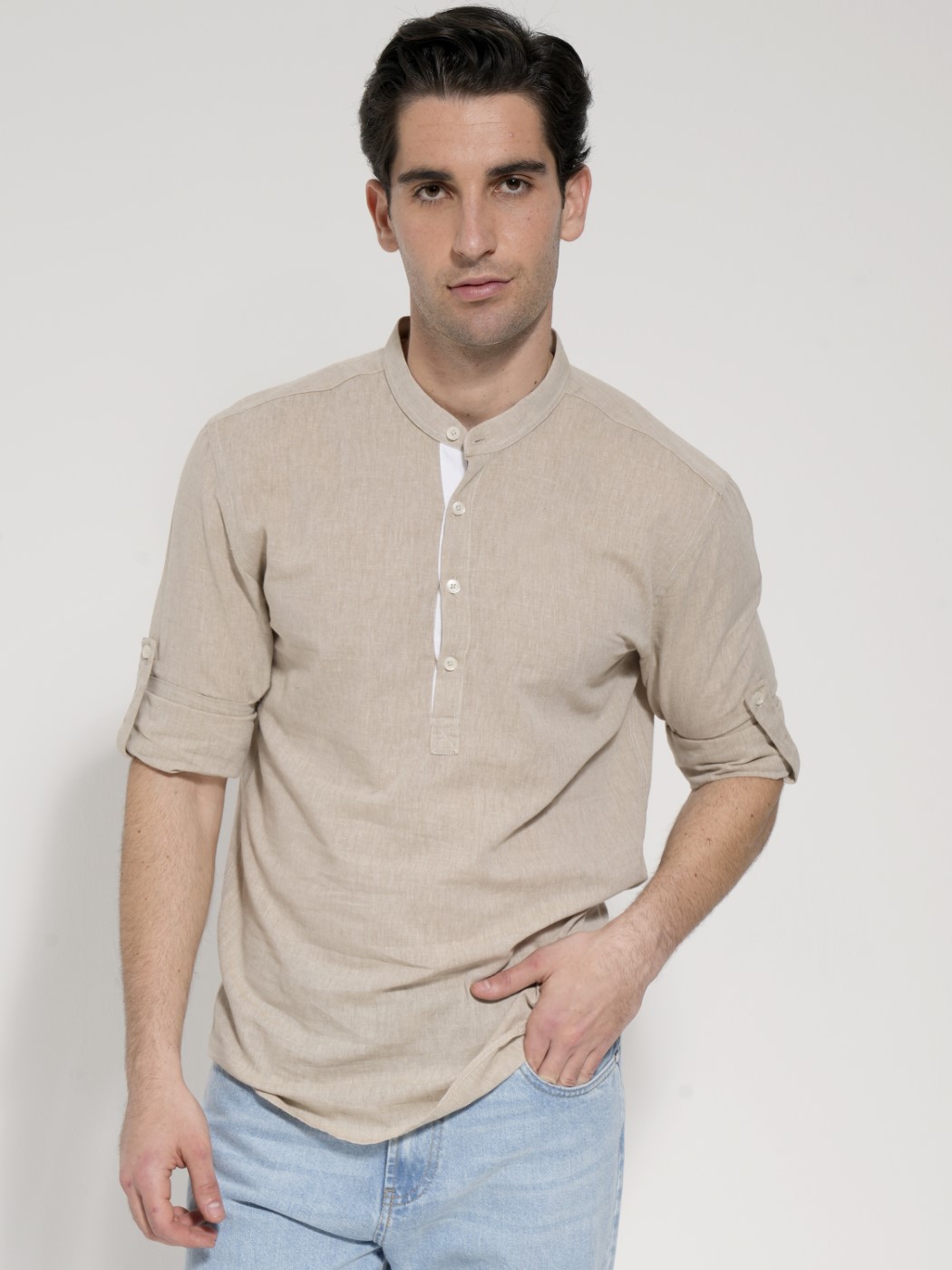 1155 Ανδρικό Λινό Πουκάμισο Slim 33-6116 Μπεζ - Image 1