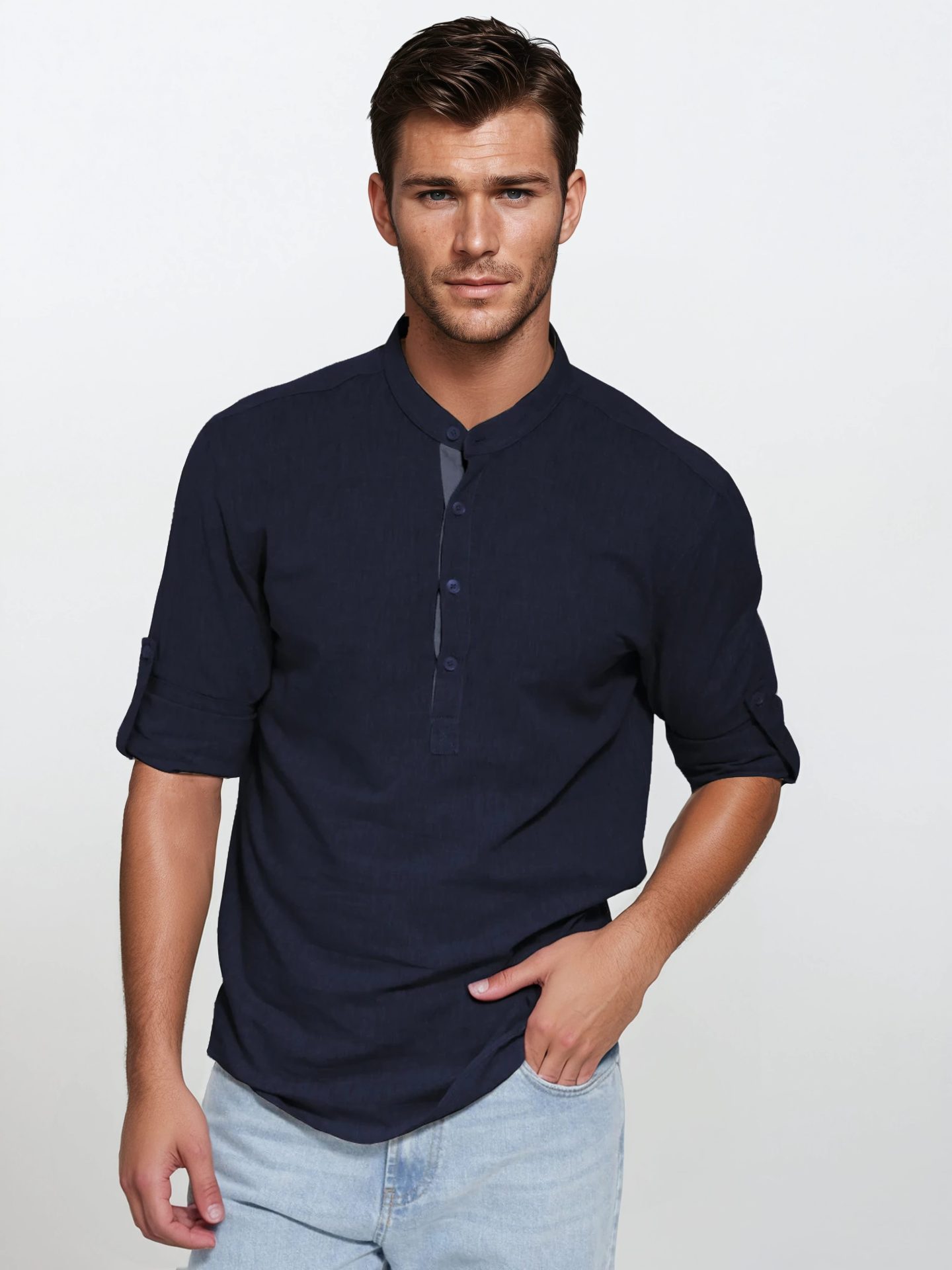 33-6116 μπλε 1-Gary-Light Studio Ανδρικό Λινό Πουκάμισο Slim 33-6116 Μπλε - Image 1