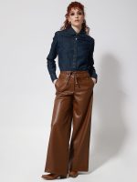 Wide Leg Παντελόνι Eco Leather με Λάστιχο στη Μέση 7767 Camel